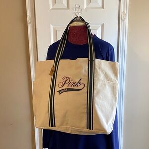 Victoria's Secret Cream Tote with Forest Green and Pink Accents